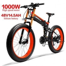 LANKELEISI Folding Electric Mountain Bike LANKELEISI T750Plus 26x4.0 Fat Tire Electric Bike 48V 1000W Motor 14.5Ah Lithium Battery Panasonic Cells E-Bike for Outdoor Riding (Black Red)