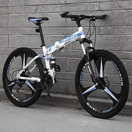 LZHi1 Bike 26 Inch Folding Mountain Bike For Men And Women, 30 Speed Dual-Suspension Adult Mountain Trail Bikes, Carbon Steel Frame City Road Bikes With Dual Disc Brakes And Adjustable Seat(Color:White blue)