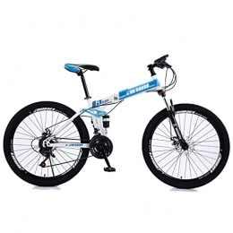 WANYE Bike 26 Inch Full Suspension Folding Mountain Bike, 21 / 24 / 27 / 30 Speed High-Tensile Carbon Steel Frame MTB, Dual Disc Brake Mountain Bicycle for Men and Women white blue-27speed