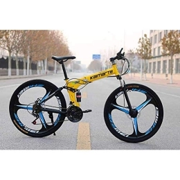 WEHOLY Folding Mountain Bike Bicycle Unisex Mountain Bike, 24 Speed Dual Suspension Folding Bike, with 26 Inch 3-Spoke Wheels and Double Disc Brake, Yellow, 24speed