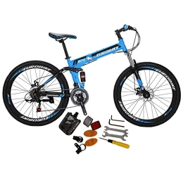 EUROBIKE Folding Mountain Bike Eurobike G4 Folding Mountain Bike 21 Speed Shifting Gears Adult Foldable Bike 26 Inches Wheel Full Suspension Folding Bike (Blue 32 Spoke)