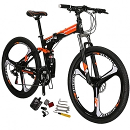 EUROBIKE Folding Mountain Bike Eurobike G7 Mountain Bike 21 Speed Steel Frame 27.5 Inches 3-Spoke Wheels Dual Suspension Folding Bike Blackorange