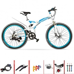 SYLTL Bike Folding Mountain Bike Variable Speed Adult Unisex 24 / 26in Folding Dual Suspension Universal Wayfarer Shock-Absorbing Off-Road Folding City Bicycle, whiteblue, 26inches