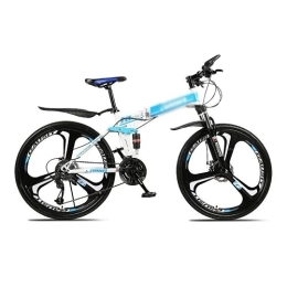 Kays Folding Mountain Bike Kays 26 Inch Full Suspension Folding Mountain Bike, 21 / 24 / 27 Speed High-Tensile Carbon Steel Frame MTB, Dual Disc Brake Mountain Bicycle For Men And Women(Size:21 Speed, Color:Blue)