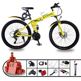 KVIONE Folding Mountain Bike KVIONE E9 21 Speed Mountain Bike for Men and Women 26 Inches MTB Mountain Bicycle High-carbon Steel with 21-speed Disc Brake Folding Bike (Yellow)