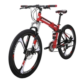 EUROBIKE Folding Mountain Bike Mountain Bike 26 inch 3 Spoke Folding Bike Unisex Full Suspension 16 inch Frame (red)