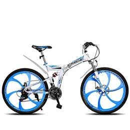Hxx Bike Mountain Folding Bicycle, 26" High Carbon Steel Frame Full Suspension Bicycle 27 Speed Double Disc Brakes for Men And Women Variable Speed Off Road Bicycle, Whiteblue