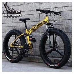 NENGGE Folding Mountain Bike NENGGE Dual Suspension Mountain Trail Bike with Dual Disc Brake for Men & Women, Adults Boys Girls Anti-Slip Fat Tire Mountain Bicycle, Foldable High Carbon Steel Frame, Gold, 24 Inch 24 Speed