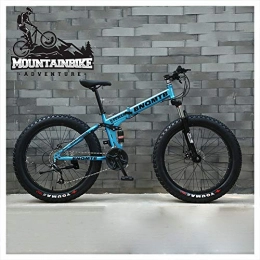 NENGGE Folding Mountain Bike NENGGE Folding Mountain Bikes with Dual-Suspension & Mechanical Disc Brakes for Adults Men Women, Fat Tire Anti-Slip Mountain Bicycle, High Carbon Steel, Adjustable Seat, Blue, 26 Inch 27 Speed