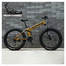 NENGGE Folding Mountain Bike NENGGE Folding Mountain Bikes with Dual-Suspension & Mechanical Disc Brakes for Adults Men Women, Fat Tire Anti-Slip Mountain Bicycle, High Carbon Steel, Adjustable Seat, Gold, 24 Inch 7 Speed