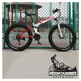 NENGGE Folding Mountain Bike NENGGE Folding Mountain Bikes with Dual-Suspension & Mechanical Disc Brakes for Adults Men Women, Fat Tire Anti-Slip Mountain Bicycle, High Carbon Steel, Adjustable Seat, Red, 24 Inch 21 Speed