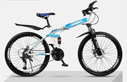 Unknow Folding Mountain Bike unknow Mountain Bike Folding Bikes, 26Inch 24-Speed Double Disc Brake Full Suspension Anti-Slip, High Carbon Steel Frame, Suspension Fork, Adult Racing-(Spoke Wheel)-White Blue