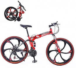 WJJH Folding Mountain Bike WJJH Bicycle Folding Mountain Bikes, Shimano 24 Speed Gears Dual Disc Brakes Mountain Bicycle Carbon Steel Mountain Trail Bike Full Suspension, Red, 24in