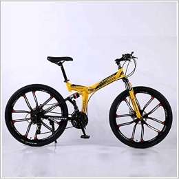 XER Folding Mountain Bike XER Mountain Bike 24 Speed Steel High-Carbon Steel 24 Inches 10-Spoke Wheels Dual Suspension Folding Bike for Commuter City, Yellow, 27 speed