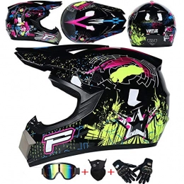 AKBOY Mountain Bike Helmet AKBOY Kids Motorcycle Off Road Helmet Racing Motocross Helmet Road Helmets Children Bike MTB Full Face Helmet for Adult Men Women Helmets with Gloves Glasses Masks Set of 4, Black Yellow Pink, XL