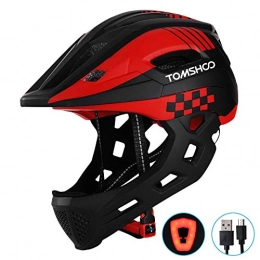 TOMSHOO Mountain Bike Helmet TOMSHOO Kid Bike Full Face Helmet Children Safety Riding Skateboard Rollerblading Helmet Sports Head Guard with Detachable Chin and Taillight (Red black)