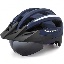VICTGOAL Mountain Bike Helmet Victgoal Bike Helmet for Men Women with Led Light Detachable Magnetic Goggles Removable Sun Visor Mountain & Road Bicycle Helmets Adjustable Size Adult Cycling Helmets (Navy Blue)