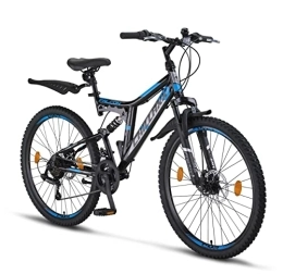 Chillaxx Mountainbike Chillaxx Bike Falcon Premium Mountainbike in 24 und 26 Zoll - Fahrrad für Jungen, Mädchen, Damen und Herren - Scheibenbremse- 21 Gang-Schaltung - Vollfederung (26 Zoll, Schwarz-Blau Disc-Bremse)