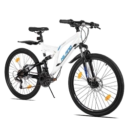 ROCKSHARK Mountainbike Hiland 26 Zoll Mountainbike Rad Vollfederung Mountain Bike Fully Shimano 21 Gang Fahrrad mit Rahmenpaket Schutzblech Federgabel Scheibenbremsen MTB für Herr Damen Jungen Mädchen Weiß Blau