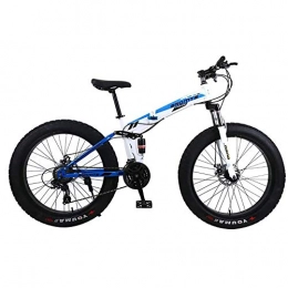 ZXYMUU Zusammenklappbare Mountainbike ZXYMUU Fahrrad, 24-Gang Fette Reifen Fahrrad, Erwachsene Mountainbike, Rahmen Aus Kohlenstoffstahl, Doppelscheibenbremse Und Doppelfederung, White Blue, 24in