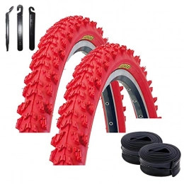 maxxi4you Parti di ricambio maxxi4you - Set di 2 copertoni per bicicletta Kenda K-829 Psycho da 24" per mountain bike, colore: rosso 50-507 (24 x 1, 95) + 2 camere d'aria AV con 3 leve per pneumatici