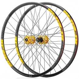 LYRONG Pièces de rechanges LYRONG Set de Roues, Roue de Vélo Carbone VTT Roues, Clincher Tubeless Jante en Alliage À Double Paroi, Disque, Libération Rapide Compatible 7-11 Vitesses, Gold_27.5 inches