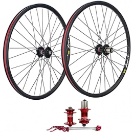 LYRONG Pièces de rechanges LYRONG Set de Roues, Roue de Vélo Carbone VTT Roues, Clincher Tubeless Jante en Alliage À Double Paroi, Disque, Libération Rapide Compatible 7-11 Vitesses, Red_26 inches