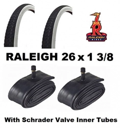 Roaduserdirect Cycle Packs Mountain Bike Tyres Roaduserdirect Cycle Packs 2 x RALEIGH 26x1 3 / 8 White Wall Tyres & 2 x DURA Inner Tubes - Schrader Valves